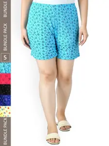 IndiWeaves Women Pack Of 5 Printed High-Rise Pure Cotton Shorts