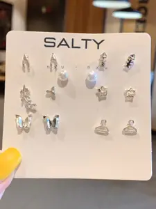 SALTY Set Of 7 Silver-Plated Contemporary Studs Earrings