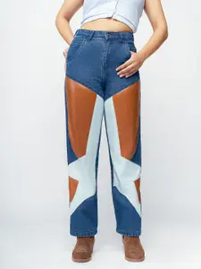 FREAKINS Women Blue Straight Fit High-Rise Leather Patched Jeans