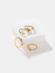 SHAYA Set Of 4 925 Sterling Silver Gold-Plated & Stone-Studded  Finger Ring