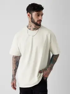 The Souled Store White Drop-Shoulder Oversized Cotton T-Shirt