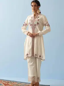 Lakshita Mandarin Collar Floral Embroidered A-Line Cotton Kurta