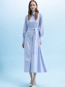 DeFacto Cuffed Sleeves Striped Shirt Midi Dress With Belt