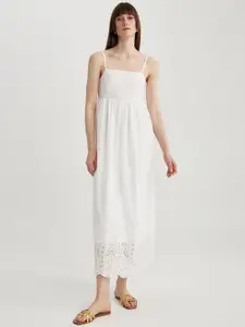 DeFacto Self Design Schiffli Pure Cotton Fit & Flare Midi Dress