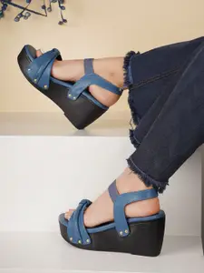 The Roadster Lifestyle Co. Blue And Black Textured Wedge Heels