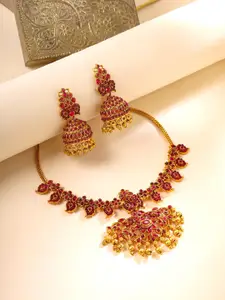 Yellow Chimes Gold-Plated Stone Studded Floral Designed Necklace & Earrings