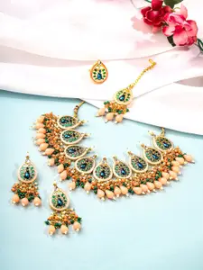 Yellow Chimes Gold-Plated Peacock Beaded Necklace & Earrings