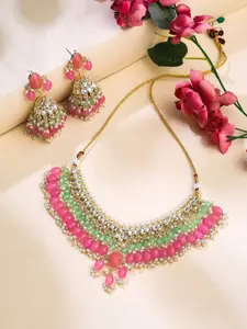 Yellow Chimes Gold-Plated Kundan Studded & Beaded Necklace & Earrings