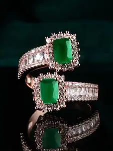 Rubans 18K Rose Gold-Plated Emerald Green & Cubic Zirconia Studded Adjustable Finger Ring