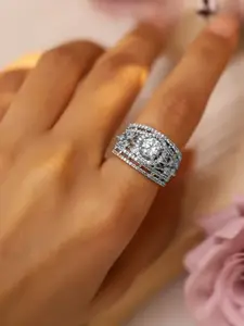 Rubans Women Rhodium Plated Cubic Zirconia Studded Adjustable Finger Ring