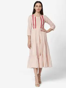 Saanjh Cream-Coloured Geometric Printed Tiered Cotton Fit & Flare Midi Dress