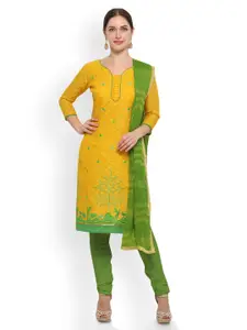 Saree mall Yellow & Green Cotton Blend Embroidered Unstitched Dress Material