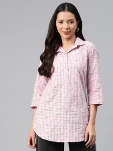 Ayaany Floral Embroidered Checked Cotton Shirt Style Longline Top