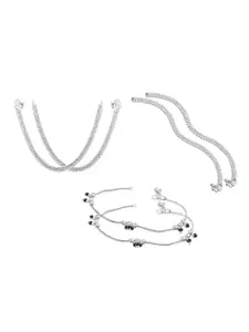 RUHI COLLECTION Set Of 3 Silver-Plated Stone-Studded Anklets