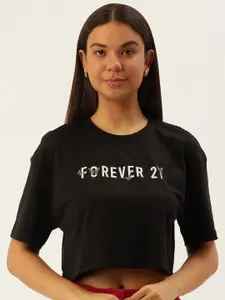 FOREVER 21 Women Brand Logo Printed Drop-Shoulder Crop T-shirt
