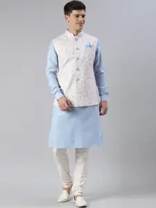 TheEthnic.Co Mandarin Collar Kurta with Churidar & Printed Nehru Jacket