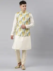 TheEthnic.Co Regular Linen Kurta & Pyjamas with Printed Nehru Jacket