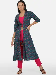 METRO-FASHION Pure Cotton Printed Top With Trouser & Printed Jacket Co-Ords