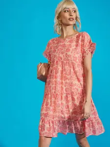 SASSAFRAS Peach-Coloured Floral Printed Extended Sleeves Tiered Georgette A-Line Dress