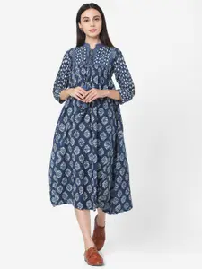 Saanjh Navy Blue Ethnic Motifs Printed Cotton A-Line Midi Dress