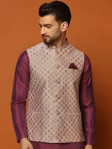 KISAH Woven Design Mandarin Collar Nehru Jacket