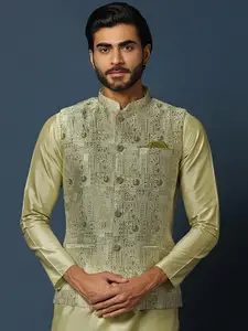 KISAH Woven Design Mandarin Collar Nehru Jacket
