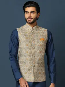 KISAH Woven-Design Mandarin Collar Nehru Jacket