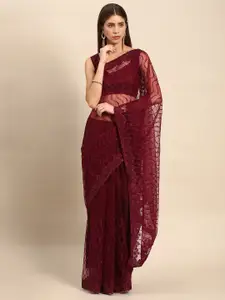 all about you Pink Floral Embroidered Net Saree