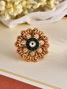 Silvermerc Designs Gold-Plated & Stone-Studded Floral South Indian Adjustable Finger Ring