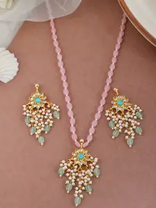 DASTOOR Gold-Plated Kundan-Studded & Beaded Necklace & Earrings