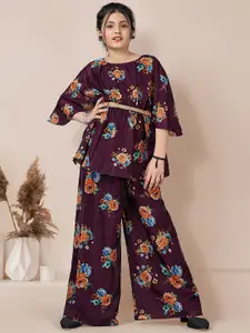 FASHION DREAM Girls Floral Printed Belted Kaftan Top with Palazzos