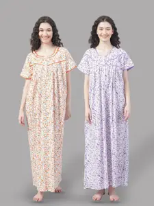 Shararat Pack Of 2 Floral Printed Pure Cotton Maxi Nightdress
