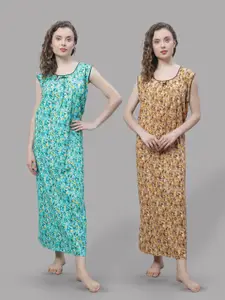 Shararat Pack Of 2 Abstract Printed Pure Cotton Maxi Nightdress