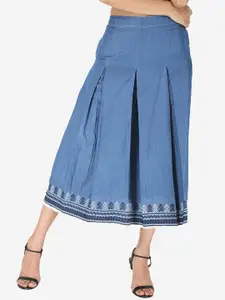 SUMAVI-FASHION SUMAVI-FASHION Geometric Embroidered Border Denim Midi Skirt