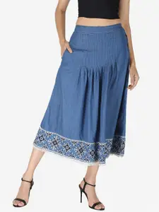 SUMAVI-FASHION SUMAVI-FASHION Geometric Embroidered Border Denim Midi Skirt