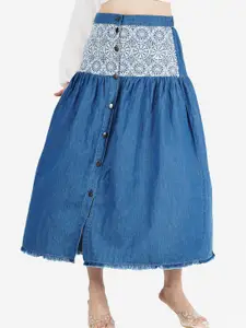 SUMAVI-FASHION Denim Embroidered Midi Skirt