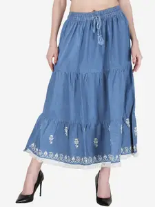 SUMAVI-FASHION SUMAVI-FASHION Border Embroidered Flared Midi Denim Skirt