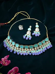 Zaveri Pearls Gold-Plated Kundan-Studded And Beaded Necklace & Earrings With Ring Set