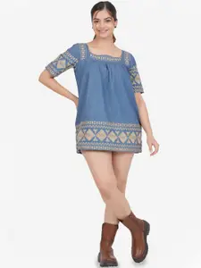 SUMAVI-FASHION Print Organic Cotton Denim A-Line Mini Dress