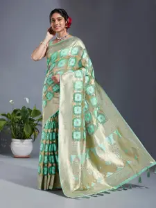 panchhi Turquoise Ethnic Woven Design Zari Satin Banarasi Saree