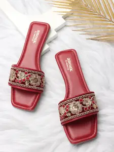 Anouk Maroon And Gold-Toned Embroidered Open Toe Flats