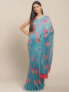 Saree mall Teal & Pink Floral Printed Zari Sarees