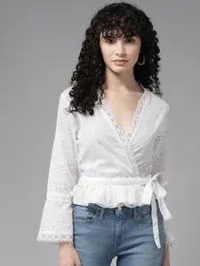 Aarika Geometric Embroidered Bell Sleeves Cotton Wrap Crop Top With Lace Inserts Detail