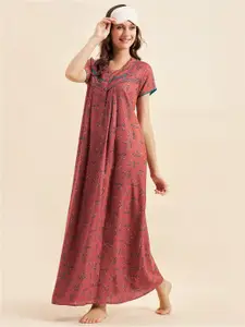 Sweet Dreams Rust & Navy Blue Floral Printed Pure Cotton Maxi Nightdress