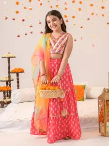 pspeaches Girls Embellished Mirror Work Ready to Wear Lehenga Choli With Dupatta