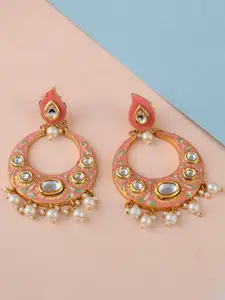 DASTOOR Brass-Plated Contemporary Kundan Studded Drop Earrings