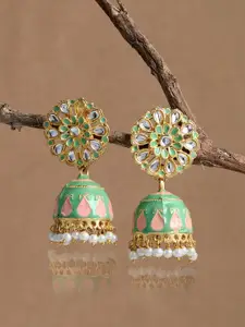 DASTOOR Brass-Plated Dome Shaped Kundan Studded Jhumkas