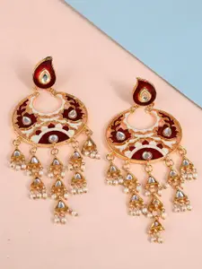 DASTOOR Brass-Plated Contemporary Kundan Studded Chandbalis Earrings