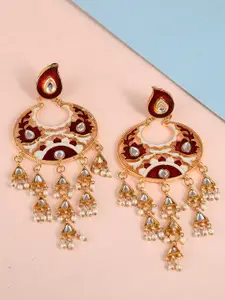 DASTOOR Brass-Plated Contemporary Kundan Studded Chandbalis Earrings