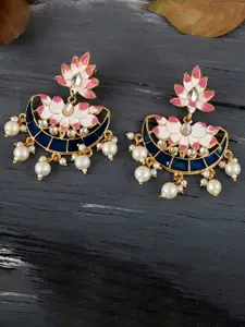 DASTOOR Brass-Plated Floral Kundan Studded Drop Earrings
